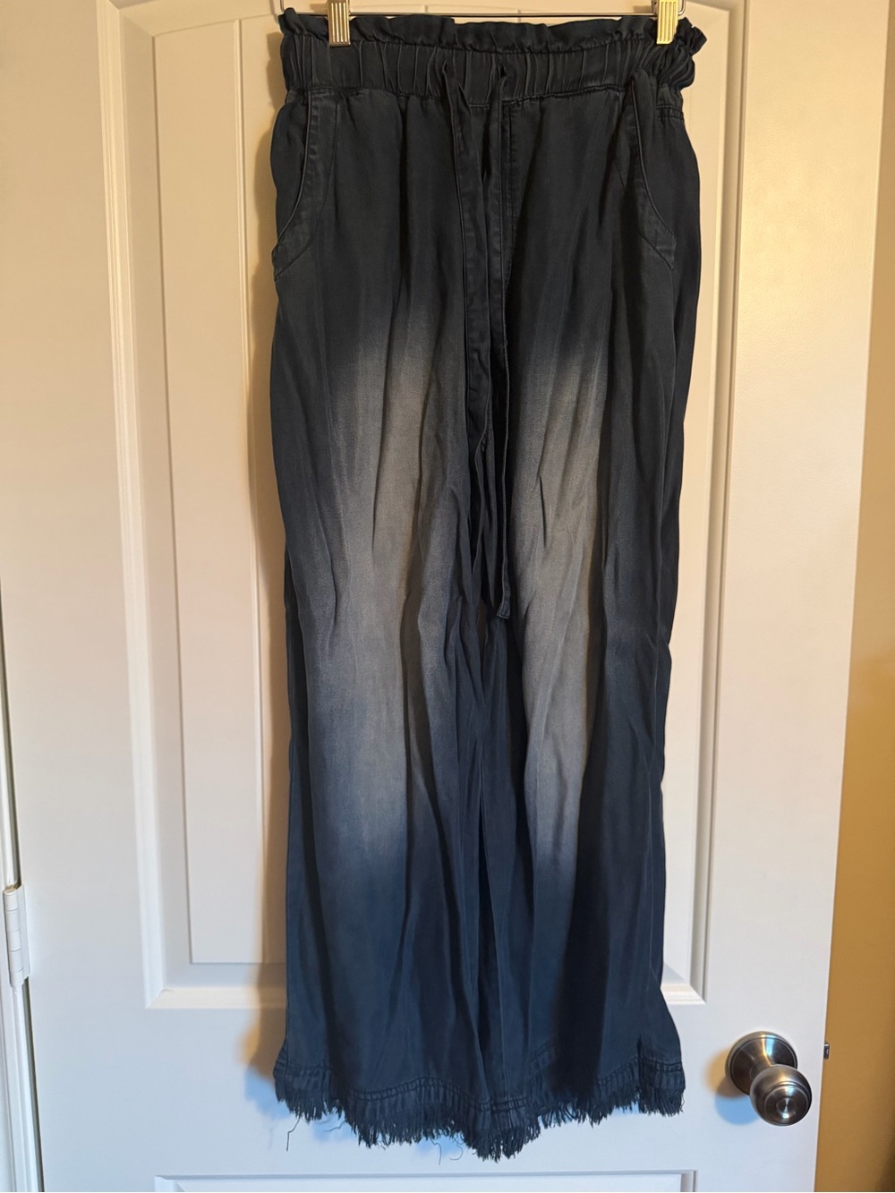 Zenana Charcoal Washed Wide Leg Pants Small Paperbag Waist Frayed Hem